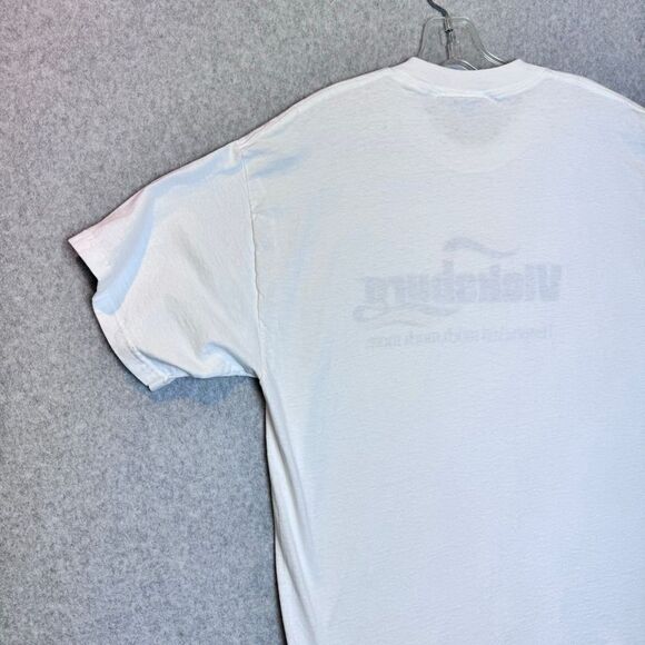 Vintage Lee Total Cotton Mens VICKSBURO print logo white T-Shirt Size large - Picture 9 of 11